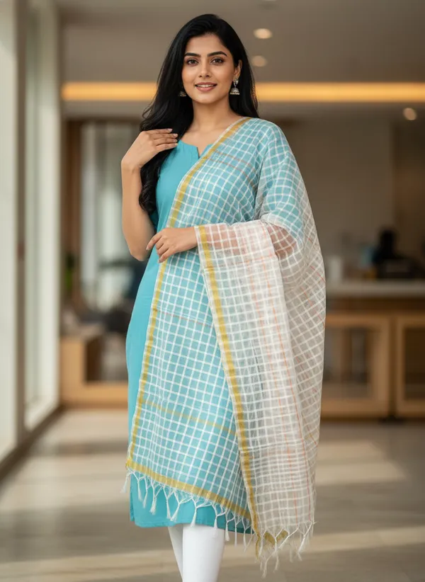 White_Banarasi_Bada_Check_/_Self-Color_Checkered_Dupatta_For_Women