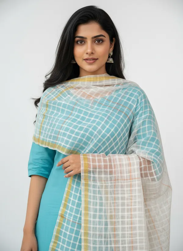White_Banarasi_Bada_Check_/_Self-Color_Checkered_Dupatta_For_Women