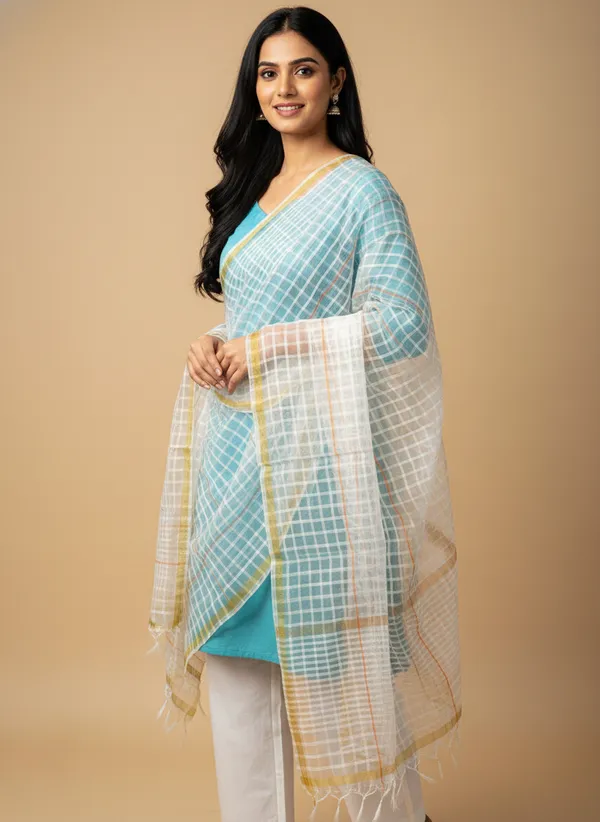 White_Banarasi_Bada_Check_/_Self-Color_Checkered_Dupatta_For_Women