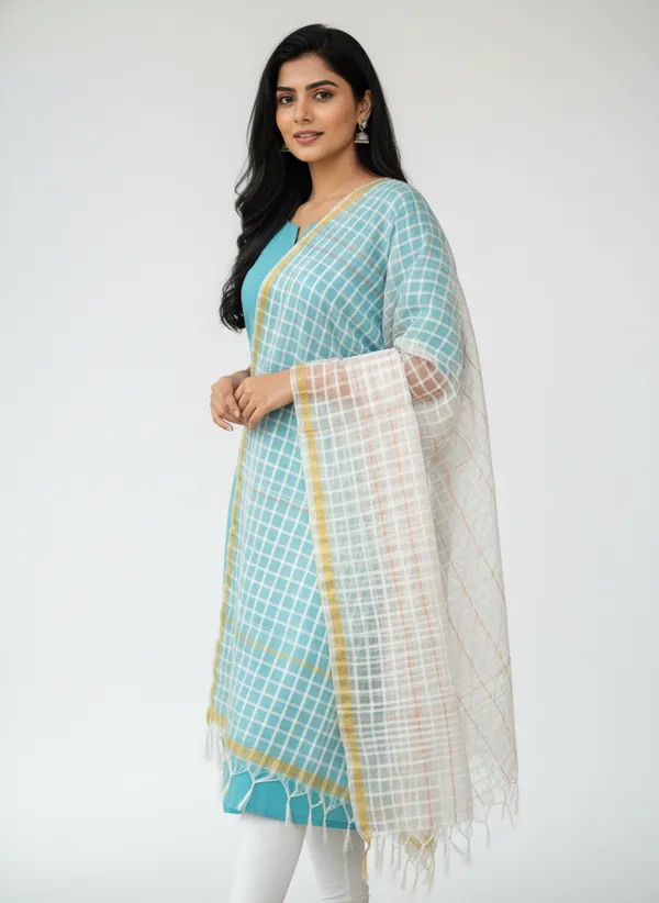 White_Banarasi_Bada_Check_/_Self-Color_Checkered_Dupatta_For_Women
