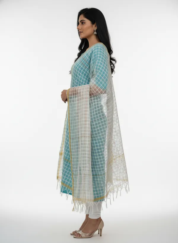 White_Banarasi_Bada_Check_/_Self-Color_Checkered_Dupatta_For_Women