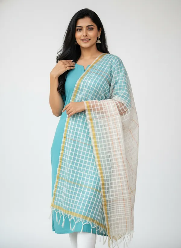 White_Banarasi_Bada_Check_/_Self-Color_Checkered_Dupatta_For_Women