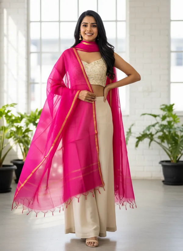 Rani_Pink_Banarasi_Plain_Dupatta_with_Zari_Border_for_Women_|_Lightweight_Traditional_Ethnic_Dupatta