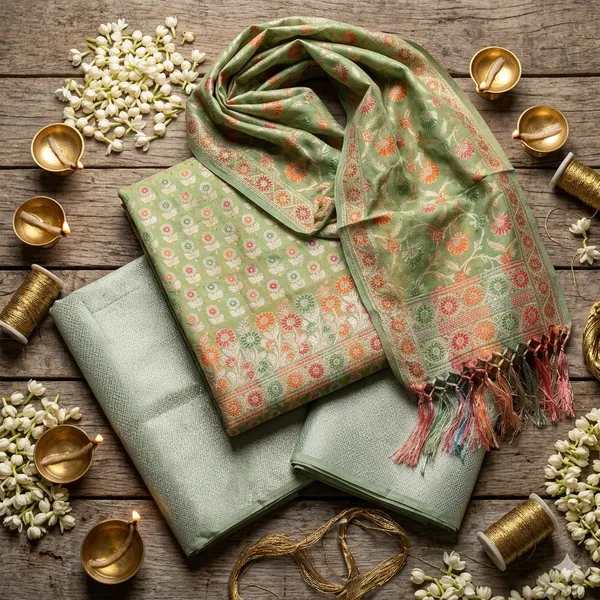 Green_Unstitched_Suit_Fabric_|_Cotton_Silk_Dress_Material_with_Thread_Weaving