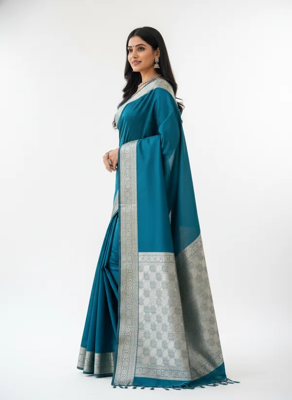 Rama_Green_Banarasi_Plain_Border_Silk_Saree_with_Heavy_Aachal