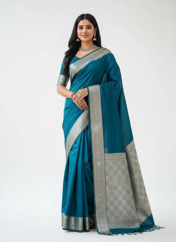 Rama_Green_Banarasi_Plain_Border_Silk_Saree_with_Heavy_Aachal
