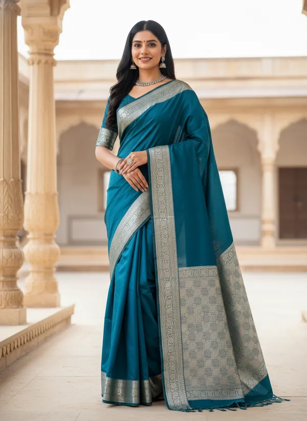Rama_Green_Banarasi_Plain_Border_Silk_Saree_with_Heavy_Aachal