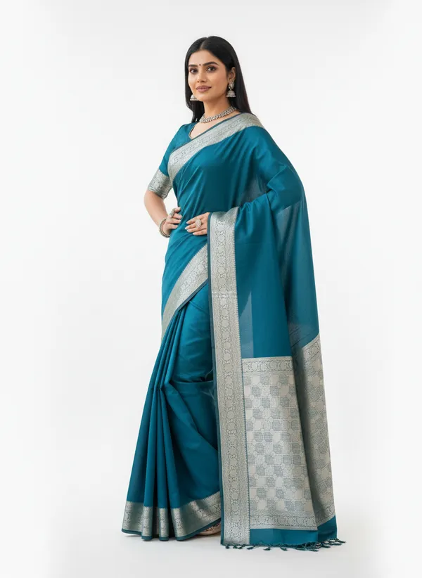 Rama_Green_Banarasi_Plain_Border_Silk_Saree_with_Heavy_Aachal