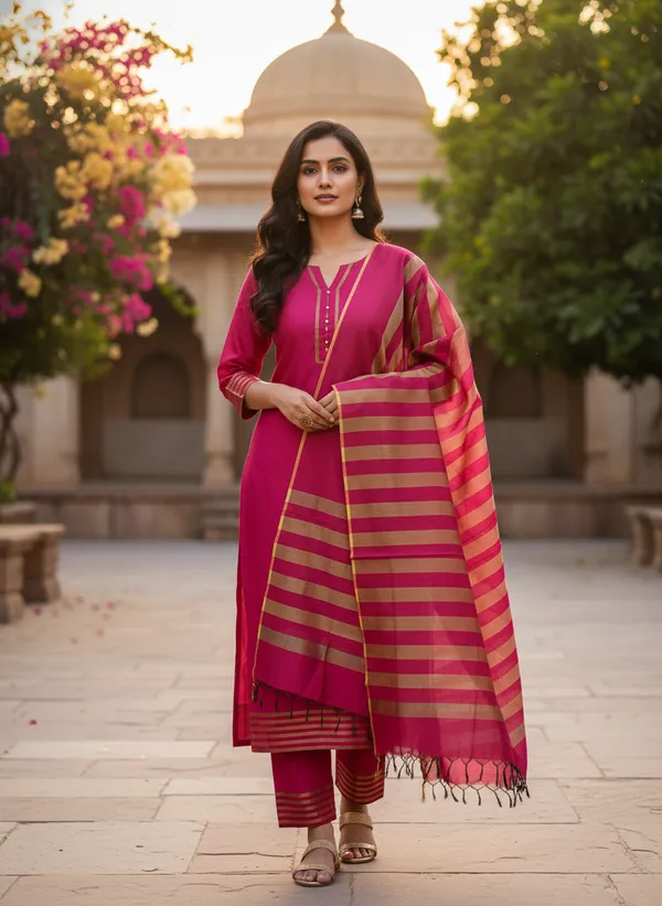 Rani_Pink_Banarasi_Cotton_Silk_Plain_Zari_Striped_Border_Unstitched_Suit_Set_with_Dupatta_|_Womens_Festive_Ethnic_Wear