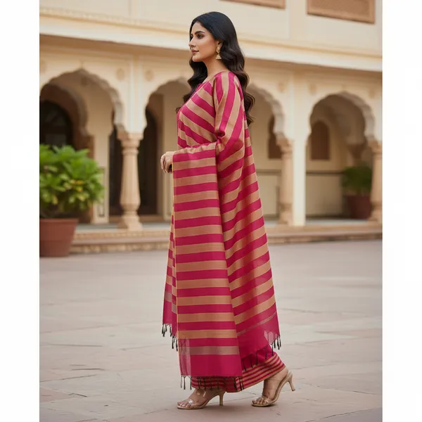 Rani_Pink_Banarasi_Cotton_Silk_Plain_Zari_Striped_Border_Unstitched_Suit_Set_with_Dupatta_|_Womens_Festive_Ethnic_Wear