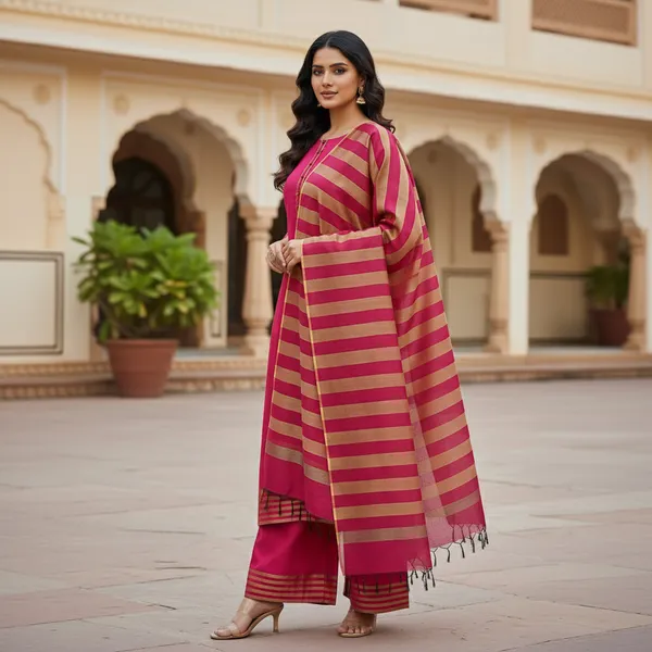 Rani_Pink_Banarasi_Cotton_Silk_Plain_Zari_Striped_Border_Unstitched_Suit_Set_with_Dupatta_|_Womens_Festive_Ethnic_Wear