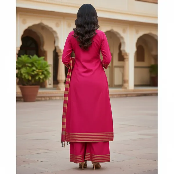 Rani_Pink_Banarasi_Cotton_Silk_Plain_Zari_Striped_Border_Unstitched_Suit_Set_with_Dupatta_|_Womens_Festive_Ethnic_Wear