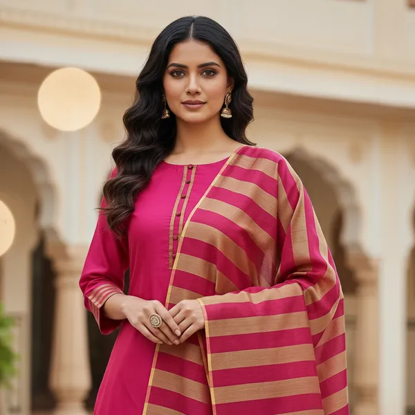 Rani_Pink_Banarasi_Cotton_Silk_Plain_Zari_Striped_Border_Unstitched_Suit_Set_with_Dupatta_|_Womens_Festive_Ethnic_Wear