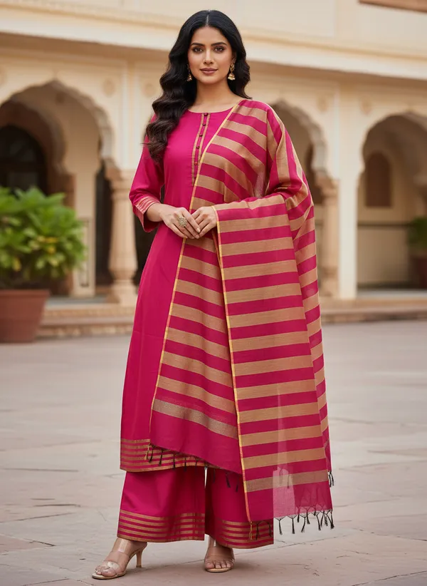 Rani_Pink_Banarasi_Cotton_Silk_Plain_Zari_Striped_Border_Unstitched_Suit_Set_with_Dupatta_|_Womens_Festive_Ethnic_Wear