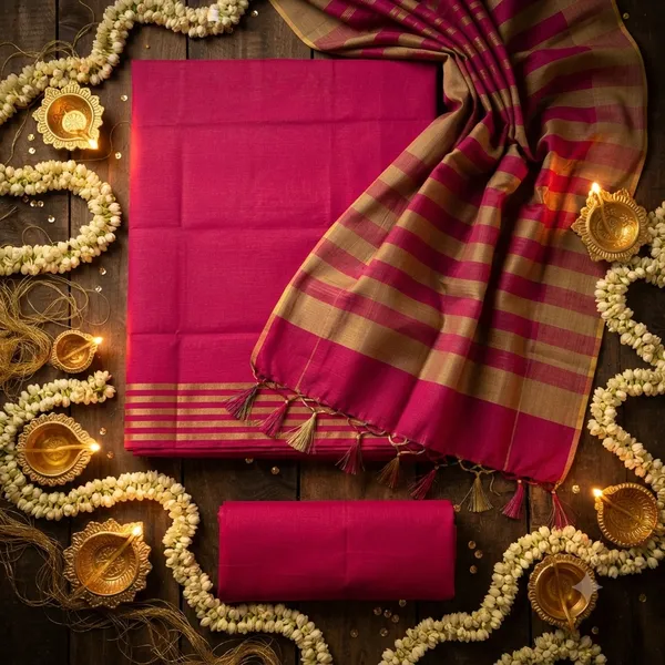 Rani_Pink_Banarasi_Cotton_Silk_Plain_Zari_Striped_Border_Unstitched_Suit_Set_with_Dupatta_|_Womens_Festive_Ethnic_Wear