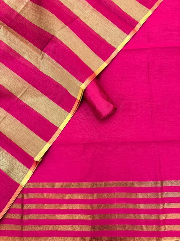 Rani_Pink_Banarasi_Cotton_Silk_Plain_Zari_Striped_Border_Unstitched_Suit_Set_with_Dupatta_|_Womens_Festive_Ethnic_Wear