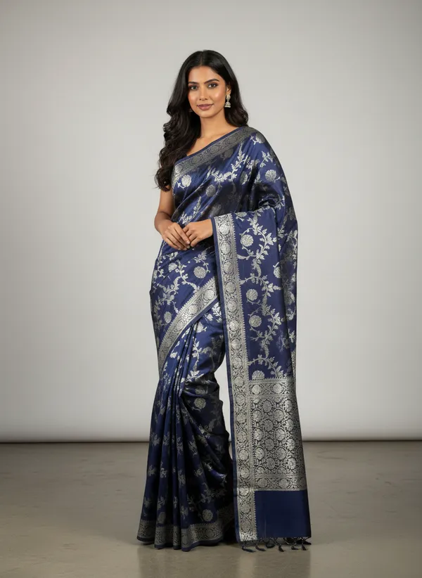 Navy_Blue_Banarasi_Silk_Jaal_Work_Zari_Weaved_Saree