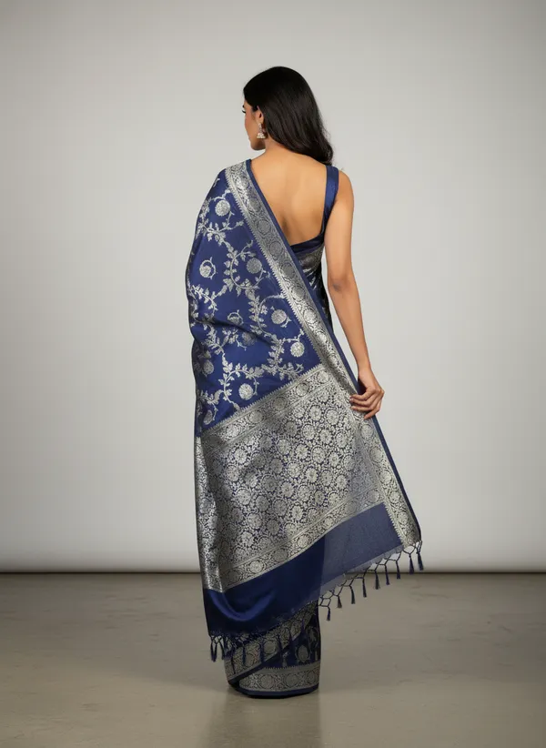 Navy_Blue_Banarasi_Silk_Jaal_Work_Zari_Weaved_Saree