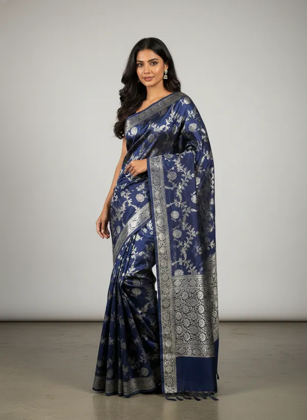Navy_Blue_Banarasi_Silk_Jaal_Work_Zari_Weaved_Saree