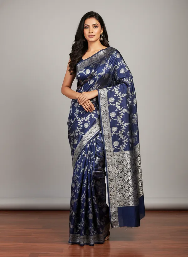 Navy_Blue_Banarasi_Silk_Jaal_Work_Zari_Weaved_Saree