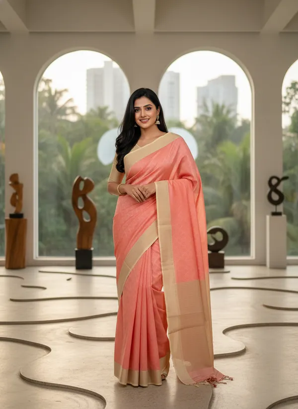 Peach_Womens_Banarasi_Cotton_Silk_Self_Work_Saree_|_Contrast_Aanchal
