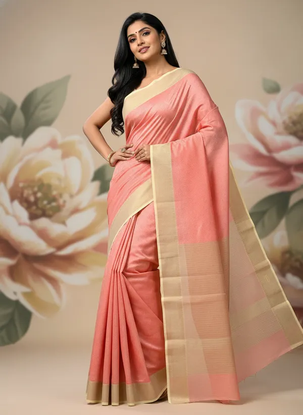 Peach_Womens_Banarasi_Cotton_Silk_Self_Work_Saree_|_Contrast_Aanchal