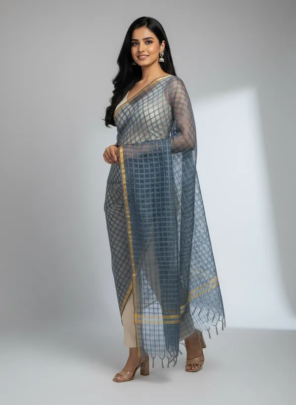 Gray_Banarasi_Bada_Check_/_Self-Color_Checkered_Dupatta_For_Women