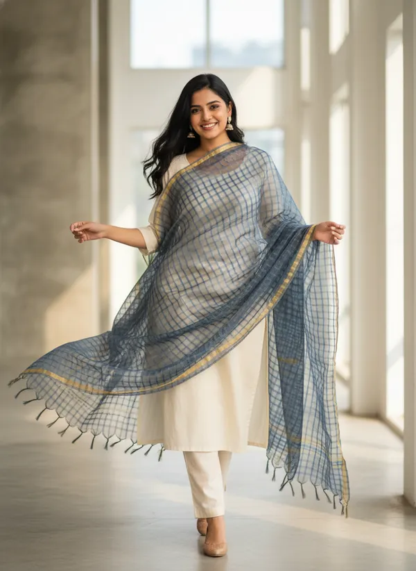 Gray_Banarasi_Bada_Check_/_Self-Color_Checkered_Dupatta_For_Women