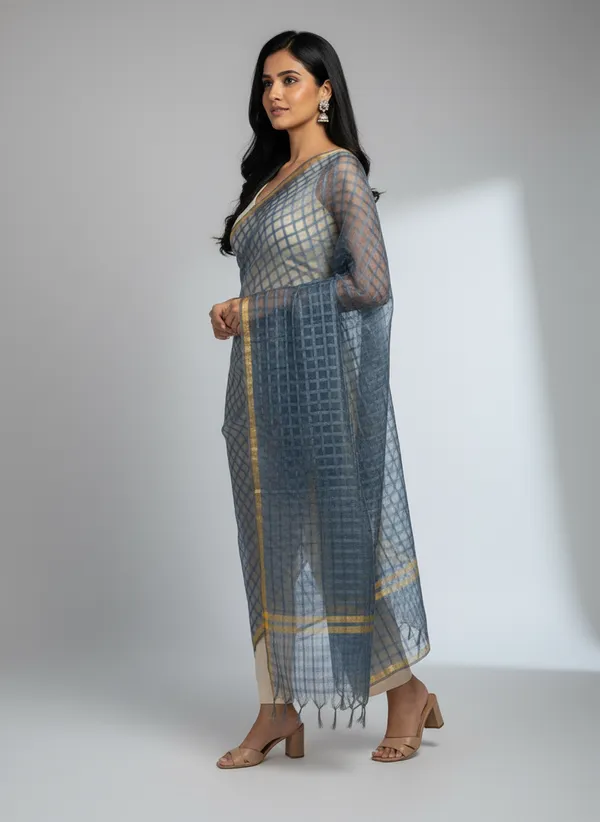 Gray_Banarasi_Bada_Check_/_Self-Color_Checkered_Dupatta_For_Women