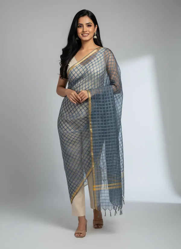 Gray_Banarasi_Bada_Check_/_Self-Color_Checkered_Dupatta_For_Women