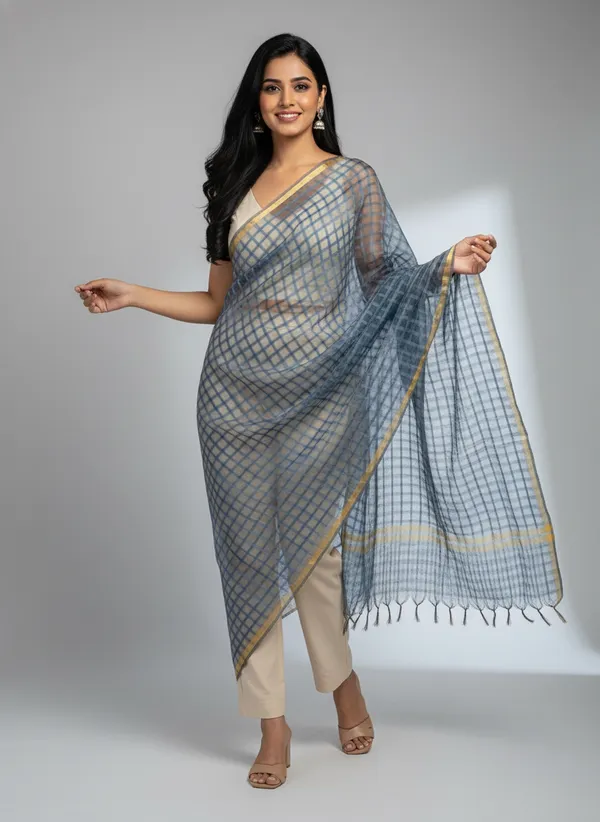 Gray_Banarasi_Bada_Check_/_Self-Color_Checkered_Dupatta_For_Women
