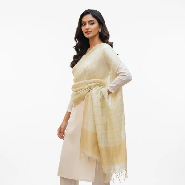 Cream_Banarasi_Thread_Work_Checkered_Dupatta_For_Women