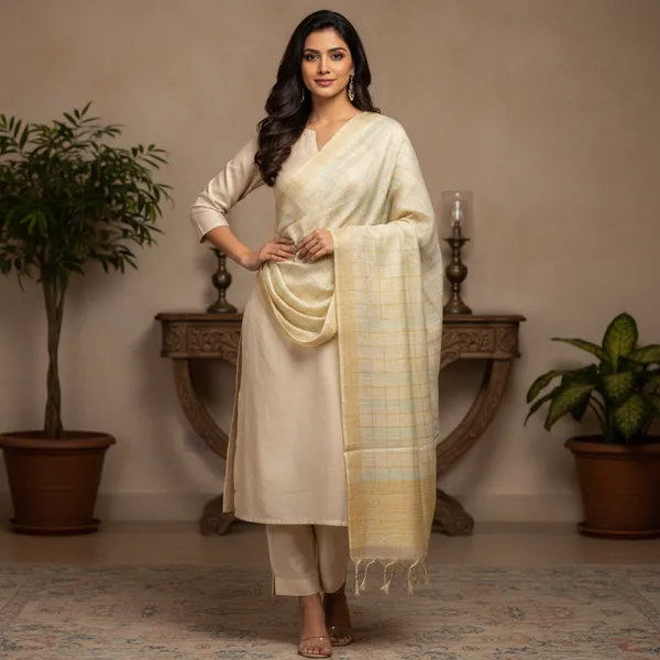 Cream_Banarasi_Thread_Work_Checkered_Dupatta_For_Women