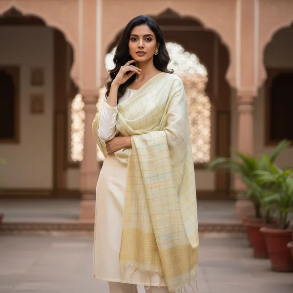 Cream_Banarasi_Thread_Work_Checkered_Dupatta_For_Women