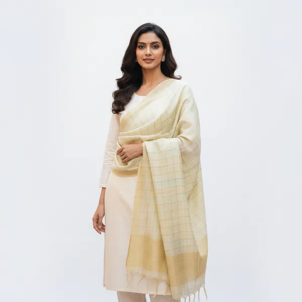 Cream_Banarasi_Thread_Work_Checkered_Dupatta_For_Women