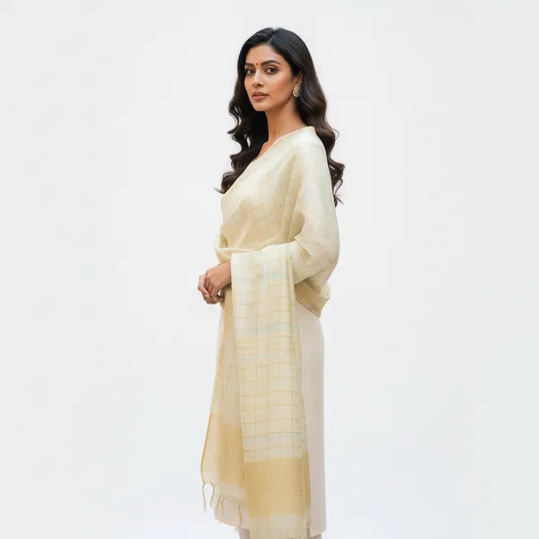 Cream_Banarasi_Thread_Work_Checkered_Dupatta_For_Women