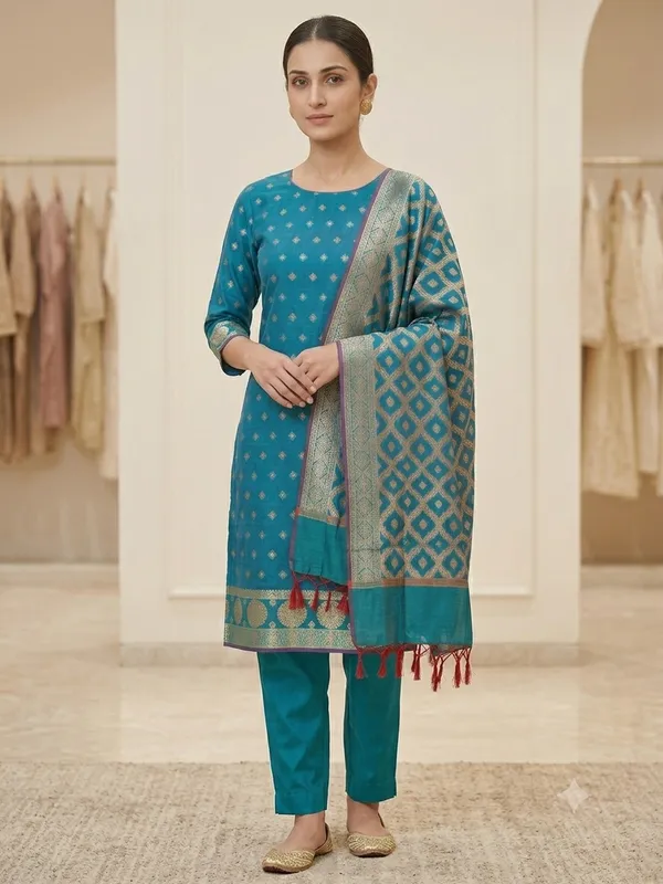 Sea_Green_Banarasi_Women's_Unstitched_Suit_Material_With_Dupatta_For_Women