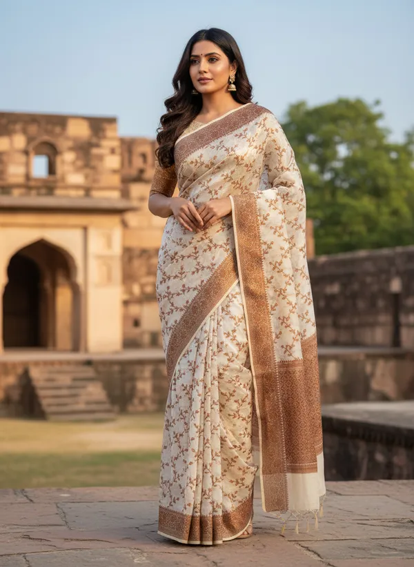 Cream_Banarasi_Cotton_Silk_Thread_Weaved_Saree