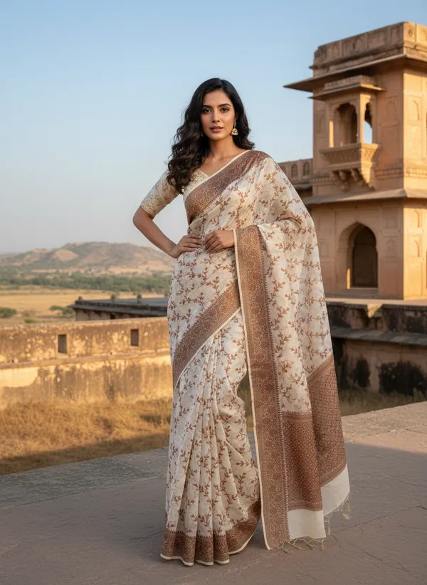 Cream_Banarasi_Cotton_Silk_Thread_Weaved_Saree