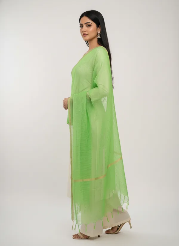 Parrot_Green_Banarasi_Moonga_Check_Dupatta_For_Women