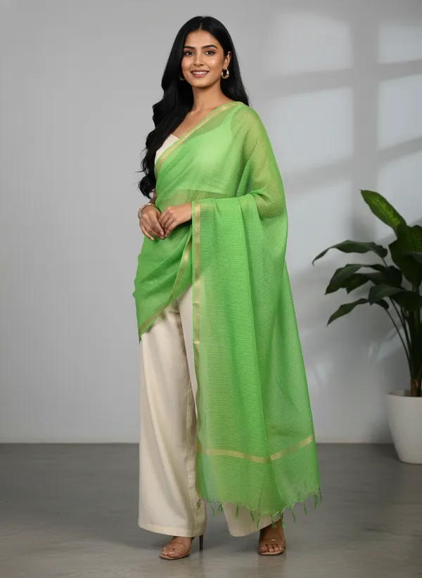 Parrot_Green_Banarasi_Moonga_Check_Dupatta_For_Women
