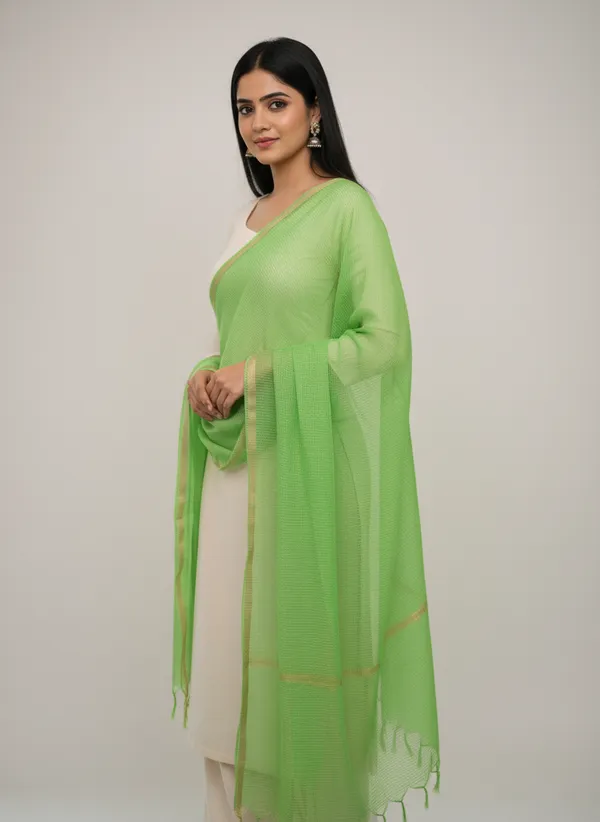 Parrot_Green_Banarasi_Moonga_Check_Dupatta_For_Women