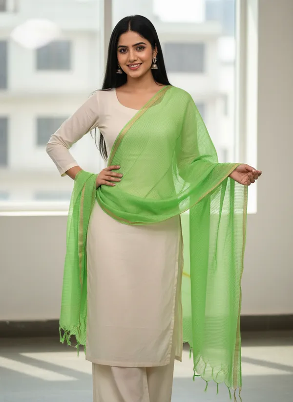 Parrot_Green_Banarasi_Moonga_Check_Dupatta_For_Women