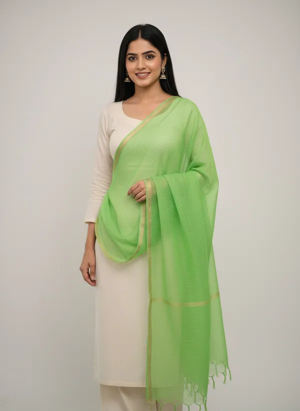 Parrot_Green_Banarasi_Moonga_Check_Dupatta_For_Women