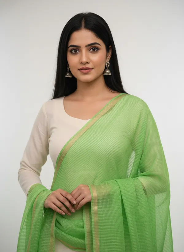 Parrot_Green_Banarasi_Moonga_Check_Dupatta_For_Women