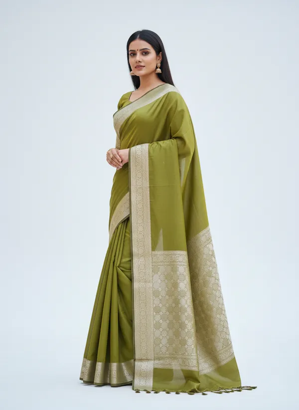 Mendhi_Green_Banarasi_Plain_Border_Silk_Saree_with_Heavy_Aachal