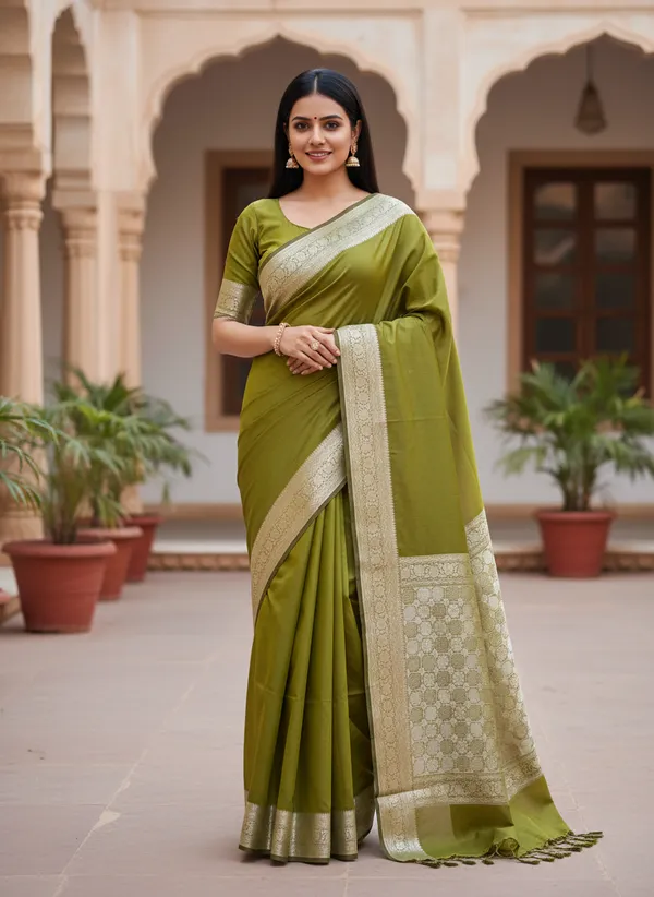 Mendhi_Green_Banarasi_Plain_Border_Silk_Saree_with_Heavy_Aachal