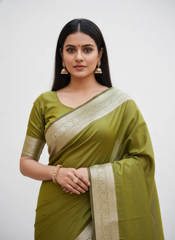 Mendhi_Green_Banarasi_Plain_Border_Silk_Saree_with_Heavy_Aachal