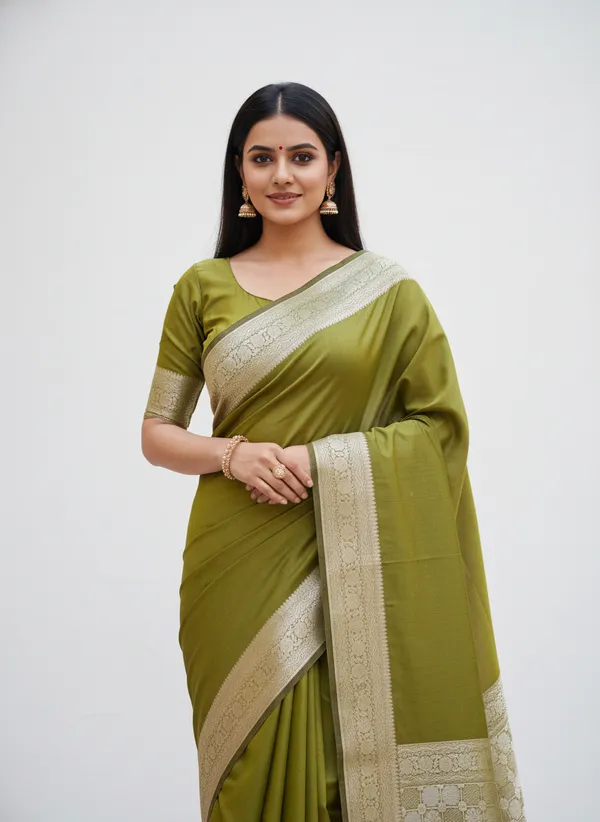 Mendhi_Green_Banarasi_Plain_Border_Silk_Saree_with_Heavy_Aachal