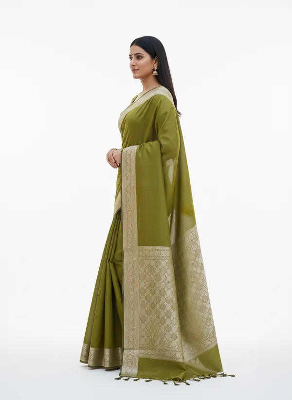 Mendhi_Green_Banarasi_Plain_Border_Silk_Saree_with_Heavy_Aachal